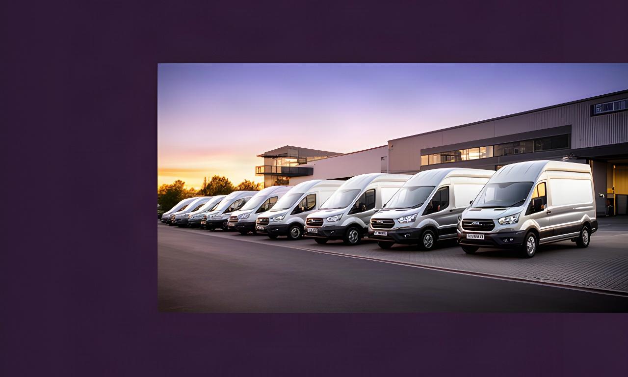 A clean line of branded business vans parked outside a West London depot at dawn
