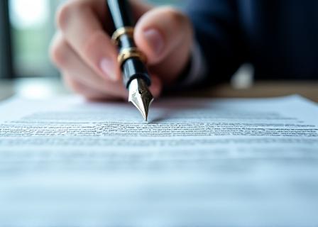 Close up of a professional signing a complex legal document